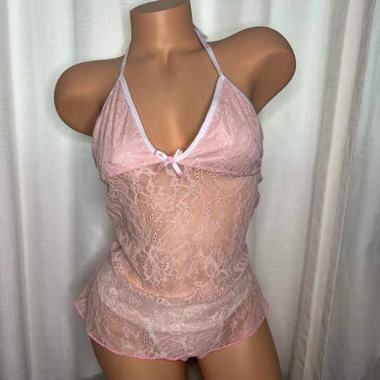 Delicate Pink Floral Lingerie Two Piece Set