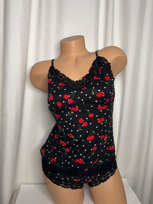 Red Cherry Print with White Polka Dots Lace Cami Two Piece Loungewear Set