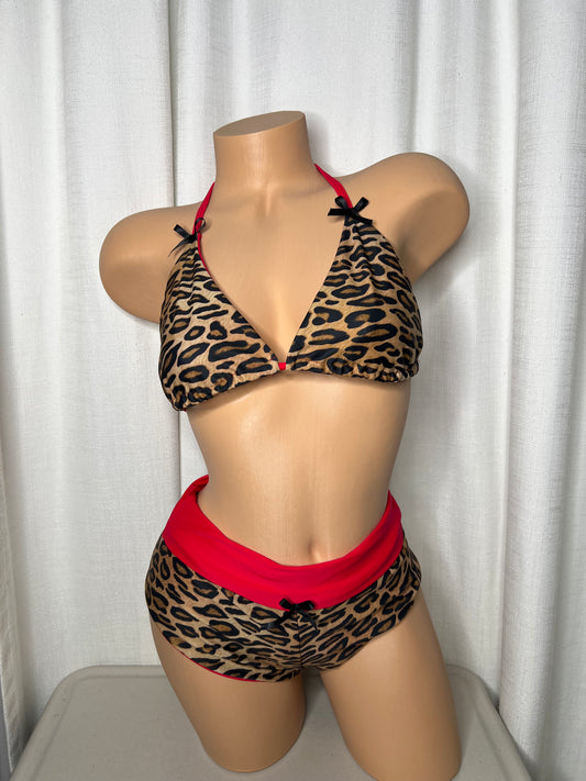 Sexy Red Cheetah Swim Short Set