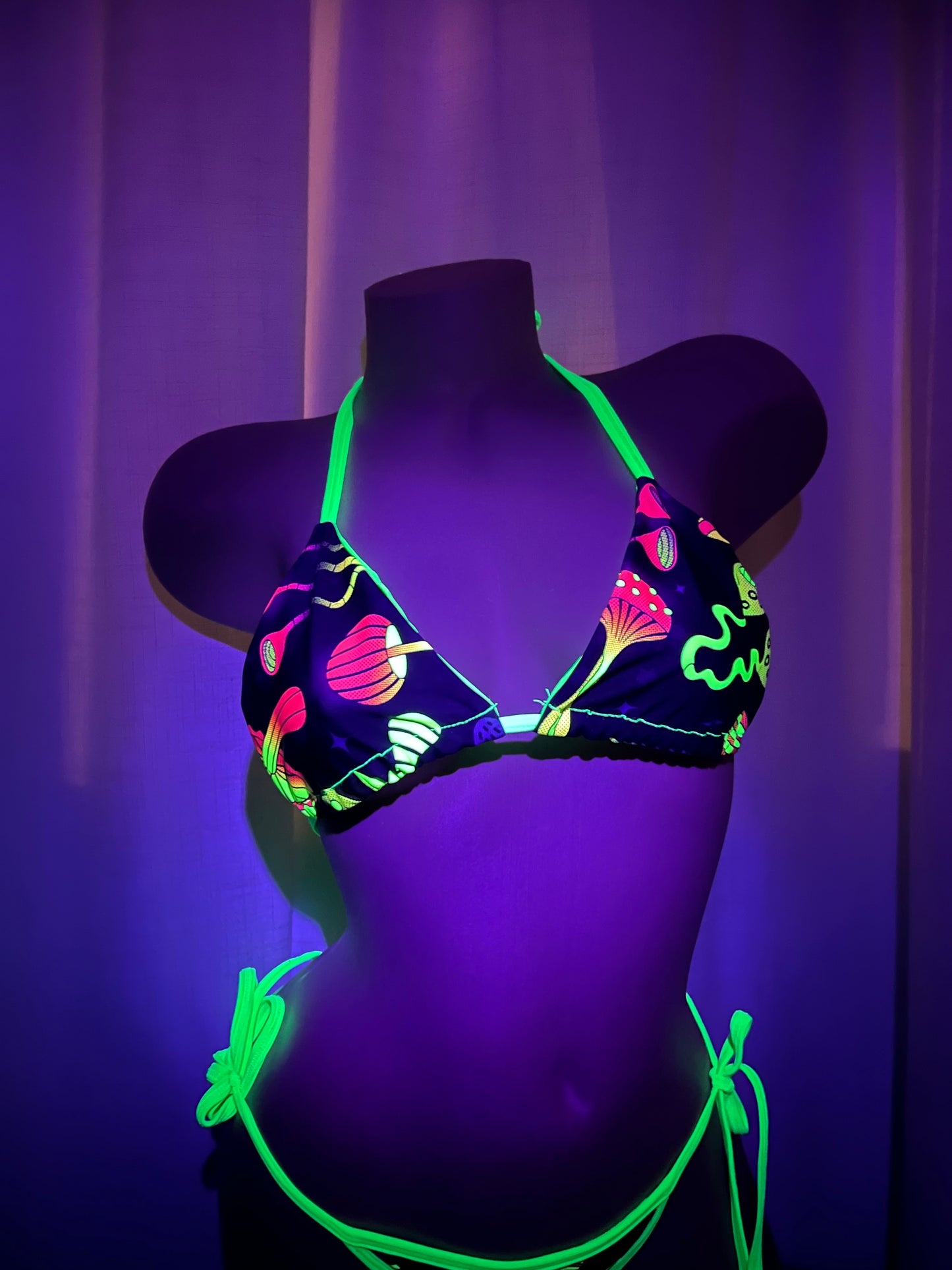 Neon Green UV Black Light Mushroom Print Bikini Set